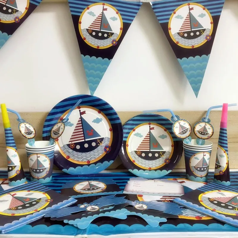 

Colorful sailing theme Party Disposable Tableware Sets Cartoon sailboat paper Cups Baby Shower for Birthday Party Supplies&Decor