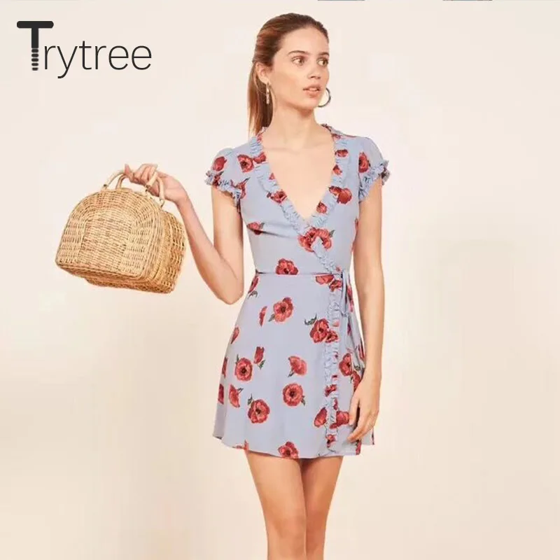 

Trytree Summer Women Dress Casual V-neck Belt Dresses Butterfly Sleeve Print Floral 3 Colors Polyester Vacation Style Mini Dress