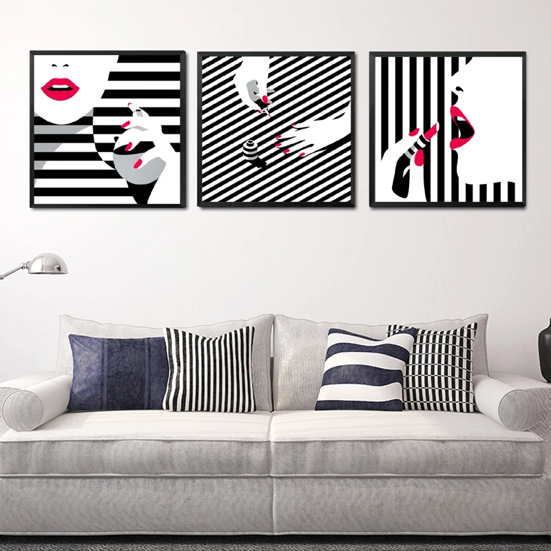 Us 4 2 Black White Stripe Girls Wall Decor Painting Red Lips Beauty Makeup Canvas Art Print Poster Wall Pictures For Lady Room Wt0011 In Painting