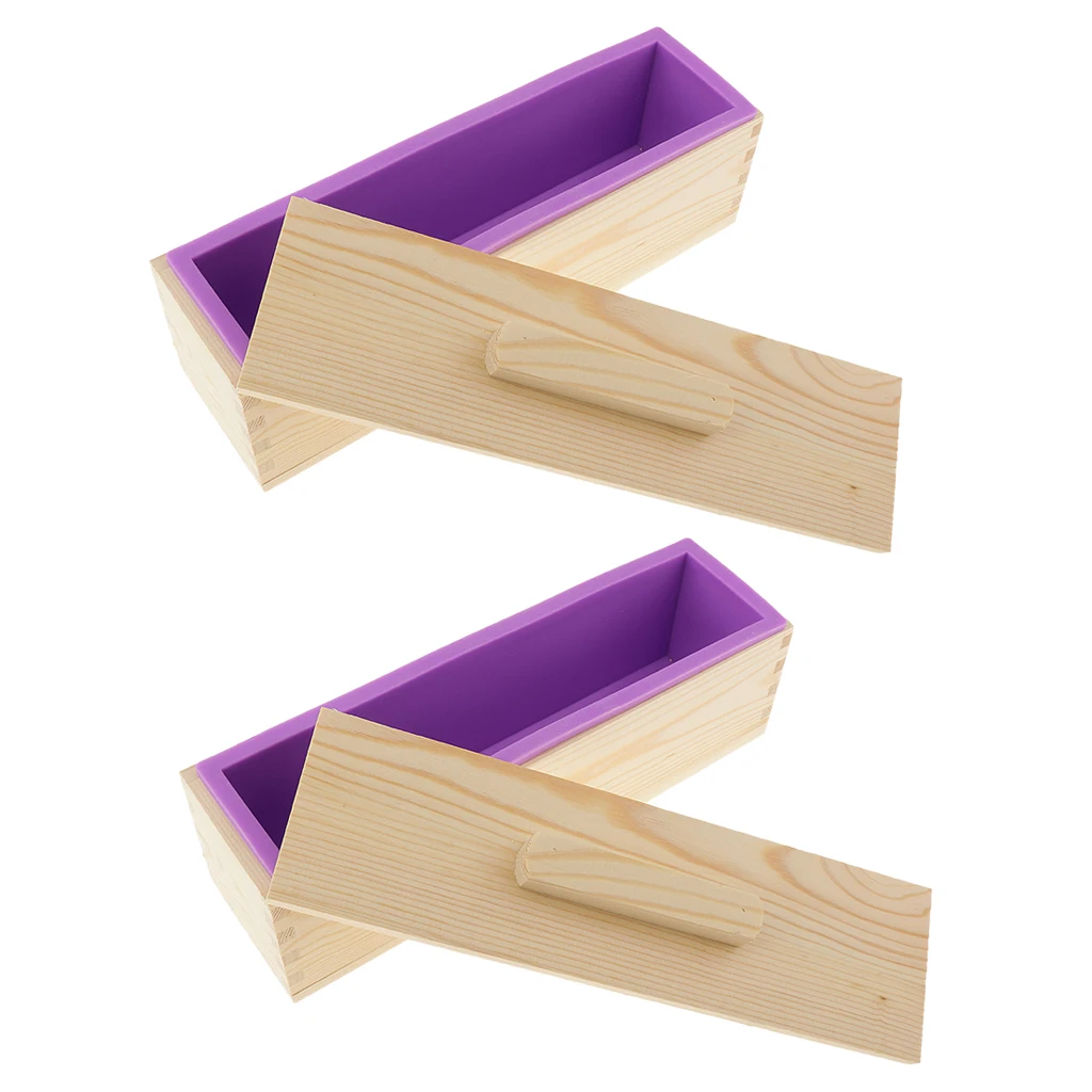 2 Pieces Rectangle Silicone Soap Toast Loaf Mold Wooden Box Lid DIY 900ml Purple
