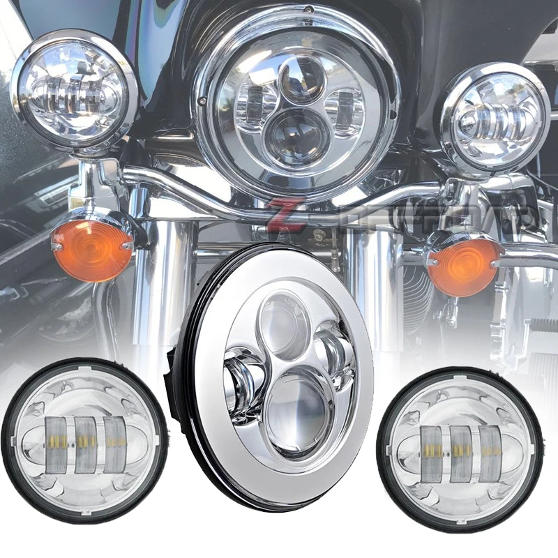 

for Motorcycle Motorcycle 7" Inch Chrome Light LED Headlight + 2x 4-1/2" 4.5 inch 30w Fog Light Passing Lamps