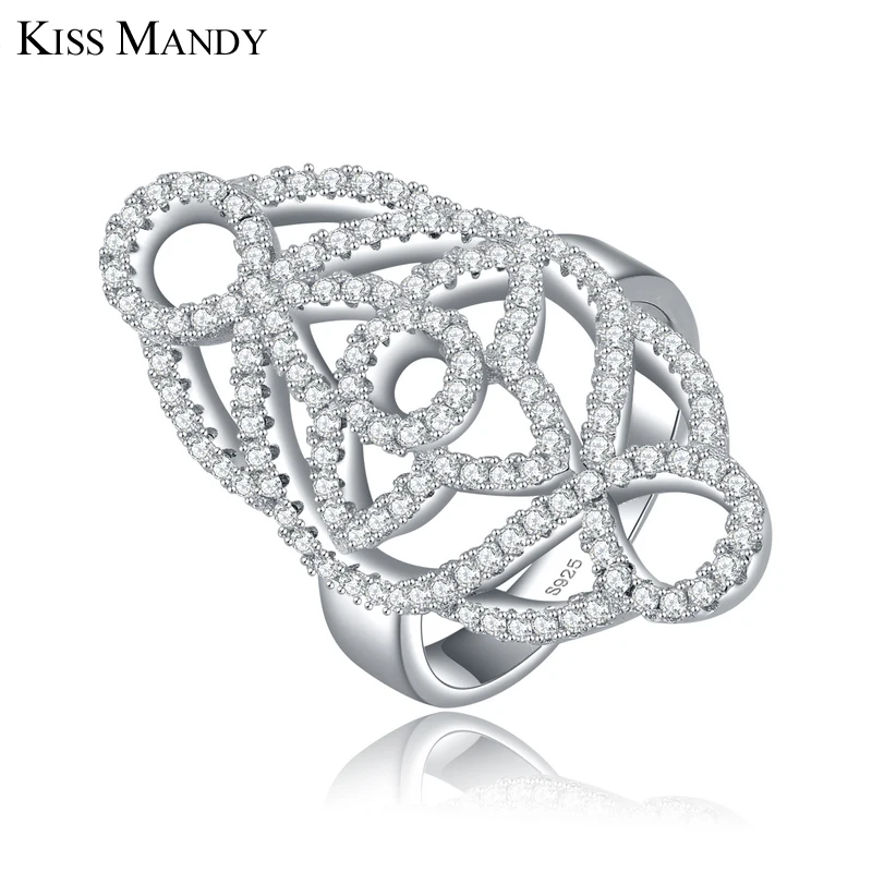 

KISS MANDY High Polished Hollow Flower Shape Rings For Women With 146 Pcs Cubic Zircon Wedding Bands Woman Ring Jewelry LR46