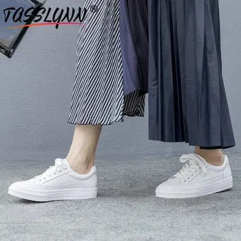 

TASSLYNN 2019 Women Flats Shoes Med Heels Casual Shoes Cow Leather Women Shoes Fashion Round Toe Platform White Size 34-39