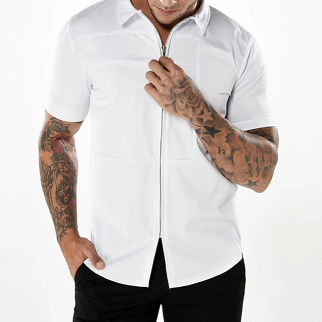 New Streetwear Basic Black White Shirt Men Short Sleeve Zipper Mens