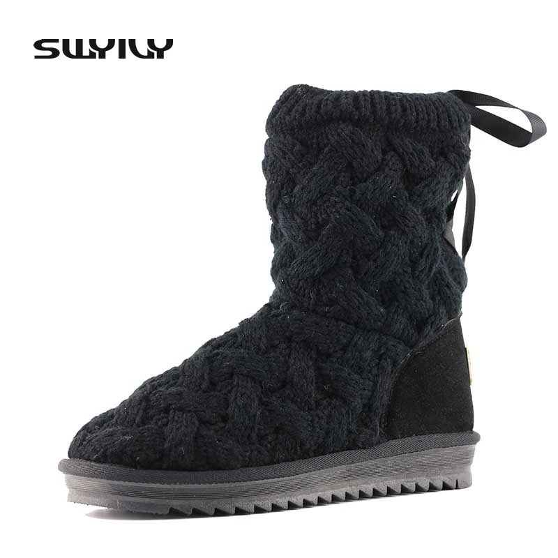 Goedkoop Breiwol vrouwen Snowboots Warm 2017 Winter Nieuwe Vrouwelijke Enkel hoge Vetersluiting Warme Laarzen Platte 40 Plus Size Botas De Nieve
