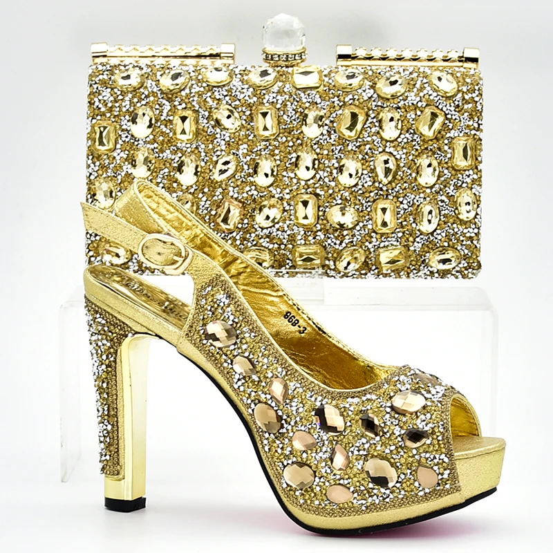 

African Italian Shoes and Bag Set Gold Color Matching Women Shoes and Bag Set Decorated with Rhinestone Nigerian Shoes and Bag