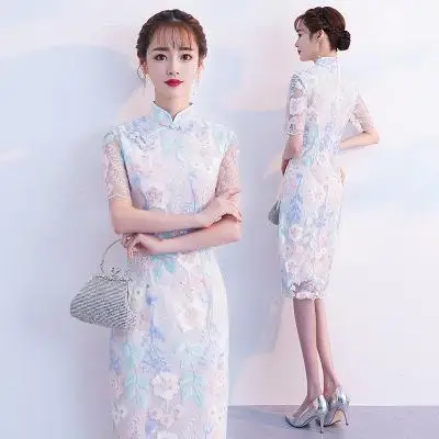 Oversize M-3XL кружевное платье с цветочным рисунком элегантные Qipao Винтаж Для женщин тонкий короткий Cheongsam новые летние китайский Стиль воротник-стойка платье - Цвет: Light Blue