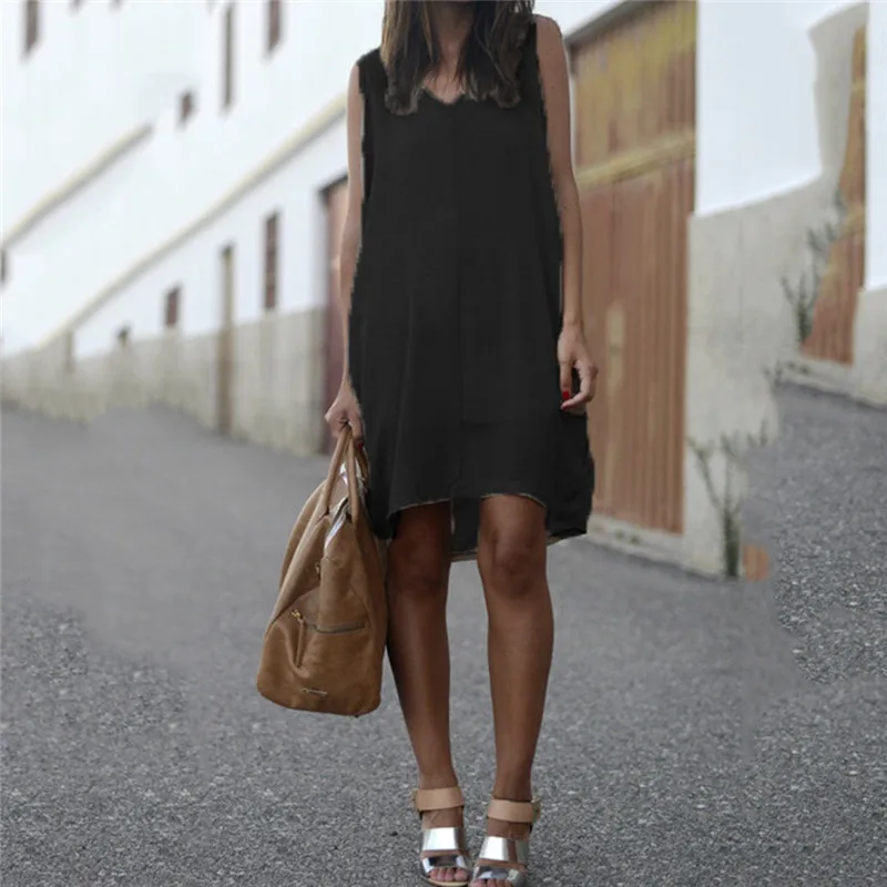 

Dress 2019 Summer Women Sleeveless V Neck Solid Color Decor Chiffon Loose Beach Dress Women'S Elegant Vestidos