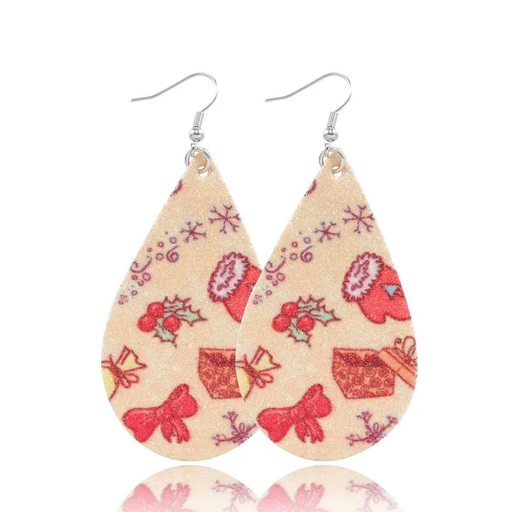 

Doreen Box Fashion Drop Earrings Christmas Geometric Water Drop Double-Sided Pattern Printing Leather Earrings For Women,1 Pair