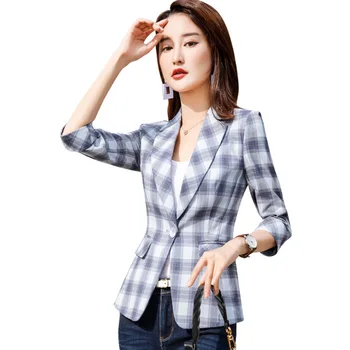 

Chequered Women's Spring Summer New Seven-point Sleeve Korean Version Jacket Fashion Leisure British Style Blazer