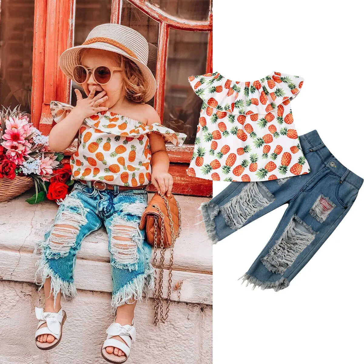 Pudcoco/Летняя новая модная одежда для маленьких девочек топы с рюшами и открытыми плечами и принтом фруктов, рваные джинсы комплект одежды из 2 предметов