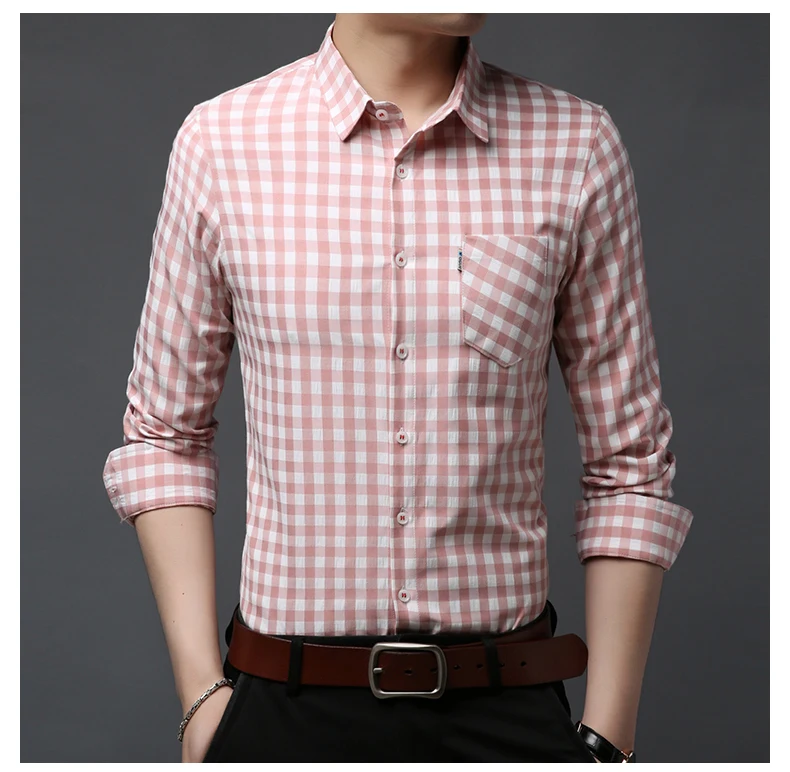 Мужская рубашка с длинными рукавами Slim fit Весенние новые рубашки в клетку черные/розовые повседневные мужские рубашки 8636