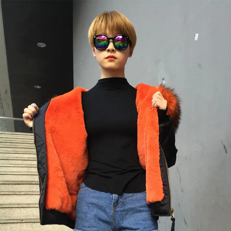 2017 Top end Black Bomber Oranje Wasbeer Bont Hoodies Dikte Bont Gevoerde Strijd Jas Winter Dragen 2017 Top end Black Bomber Oranje Wasbeer Bont Hoodies Dikte Bont Gevoerde Strijd Jas Winter Dragen