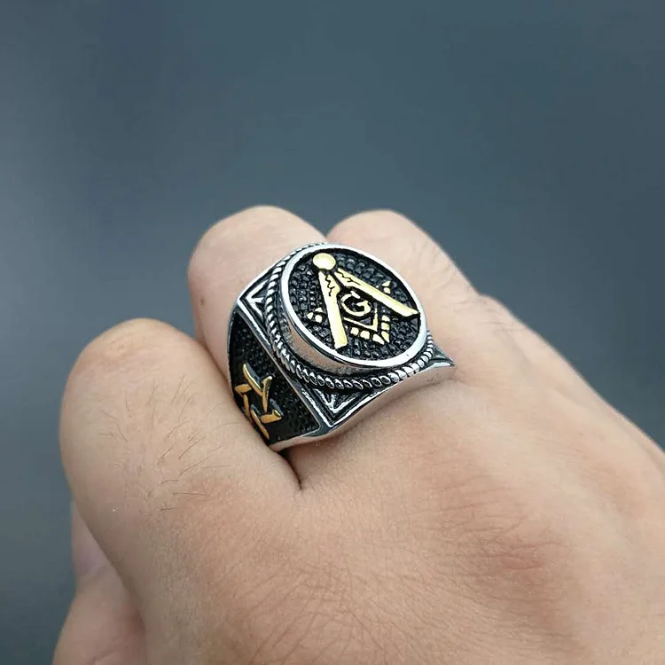 

Hip hop Vintage Silver gold color Masonic Rings For Men Gold six star Making Punk Handmade High Polished Silver Jewelry For Male