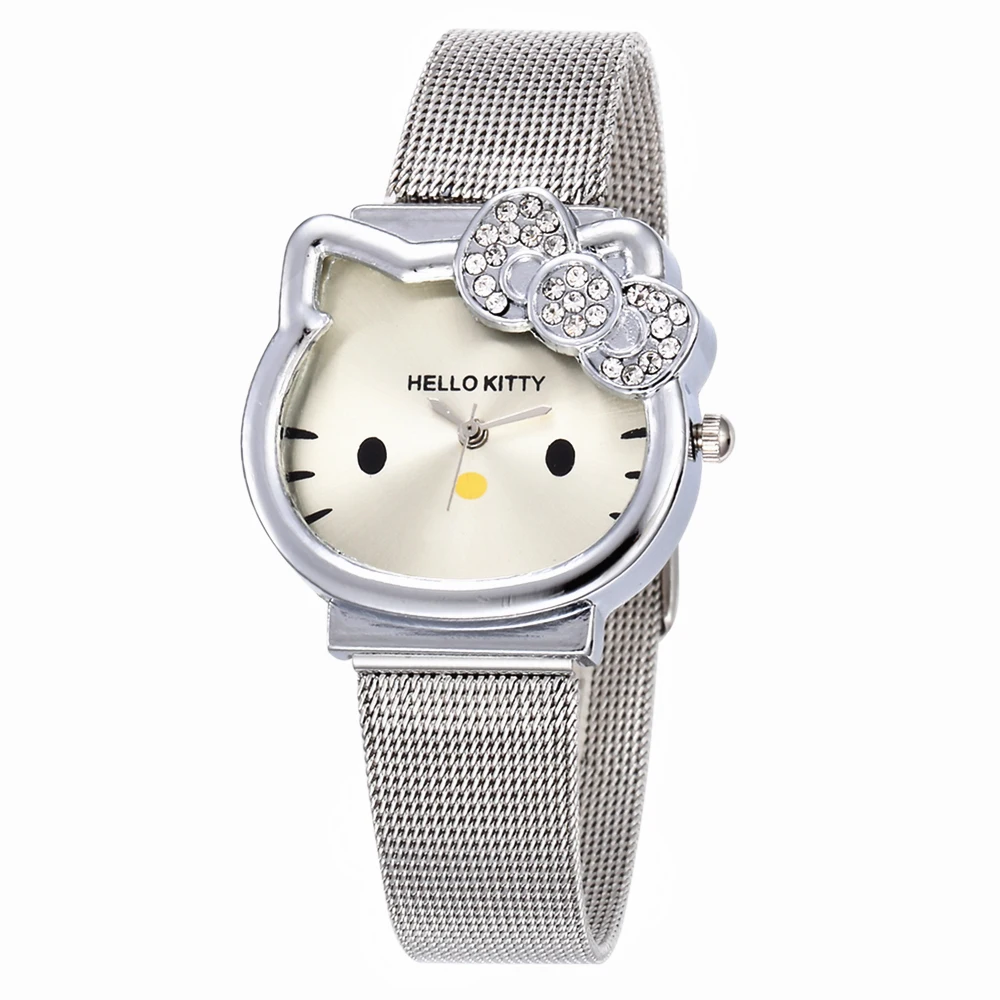 

Cat Quartz Hello Kitty Watch Women Luxury Fashion Lady Girl Silver Stainless Steel Net Band Cute Wristwatch Crystal Hour Gold