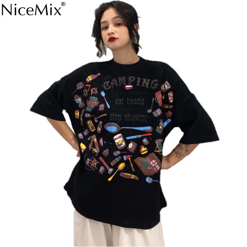 

NiceMix Summer Casual Tumblr T Shirt Women Tops Tees Black Cotton Printed Letter CAMPING T-shirt Oversized Harajuku TShirt Femme