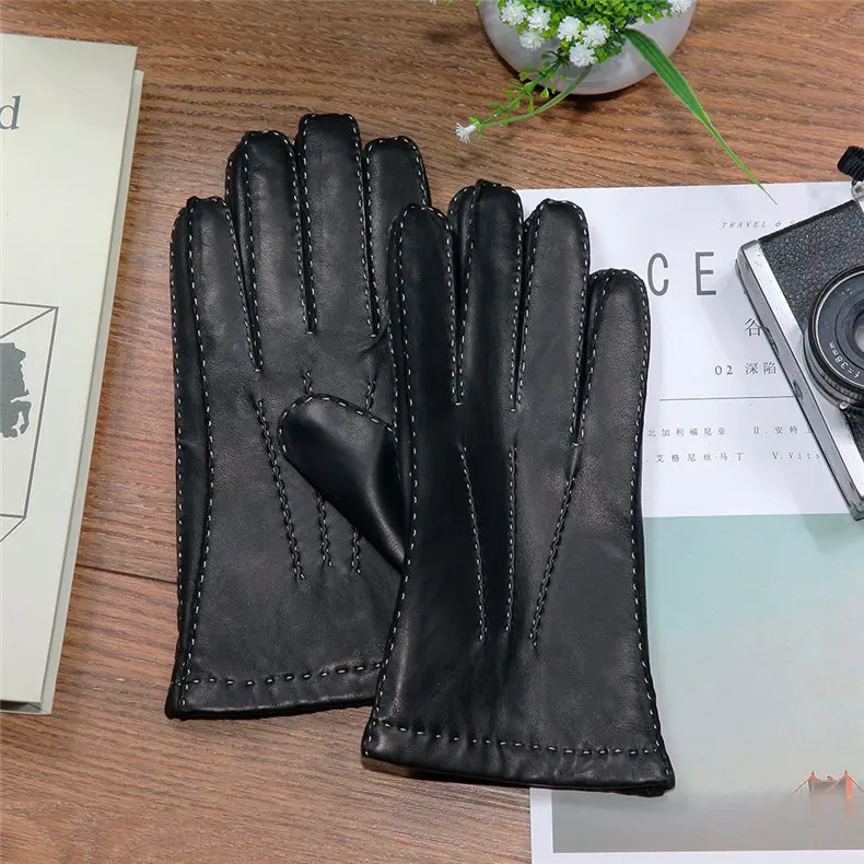 Мужские перчатки из натуральной кожи ручной работы, модные черные перчатки из овчины, осенне-зимние теплые шерстяные вязаные XC-212