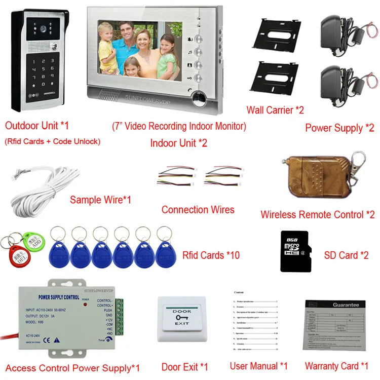 8 Гб SD карты записи интеркомов для квартиры 2 единицы " цветной монитор Клавиатура RFID домашний видеофонический дверной звонок+ пульт дистанционного управления