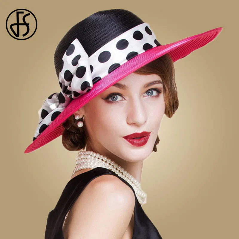 

FS Elegant Women Wide Brim Rose Black Patchwork Polka Dots Kentucky Derby Hat For Wedding Party Hat Big Bowknot Fedora Beach Cap