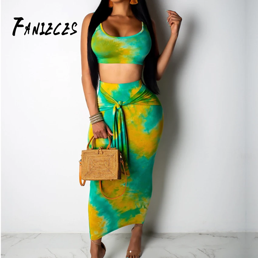 

Sexy Women Multicolor 2 Two Pieces Set Sleeveless Crop Top High Waist long bandage skirt Fashion Sets Party Clubwear For Ladies