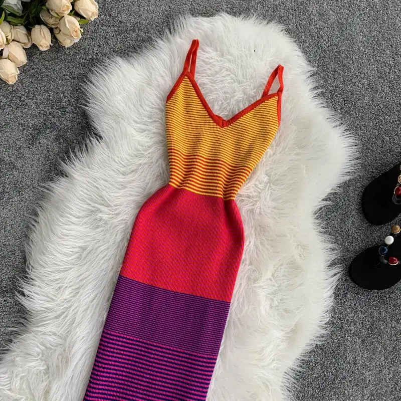 Rainbow Striped Colorful V-collar Sleeveless Knit Dress