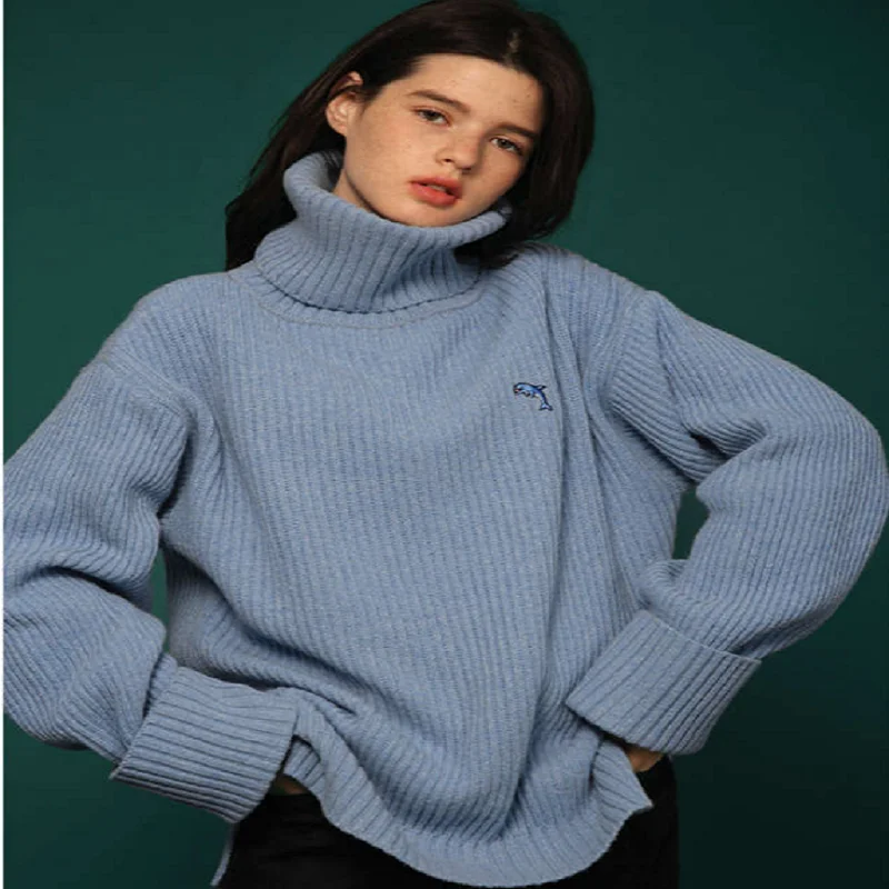 

Women Oversize Basic Knitted Turtleneck Sweater Female Solid Turtleneck Collar Pullovers Warm Embroidery 2018 New Arrival