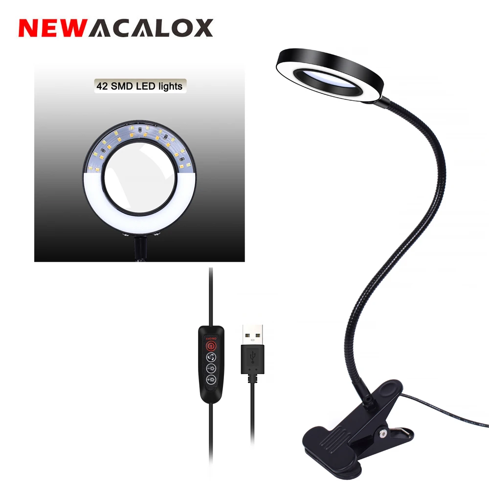 En Ligne NEWACALOX 3X 5X USB loupe à LED pince de Table Flexible lecture soudage grande lentille loupe haut bureau Instruments optiques