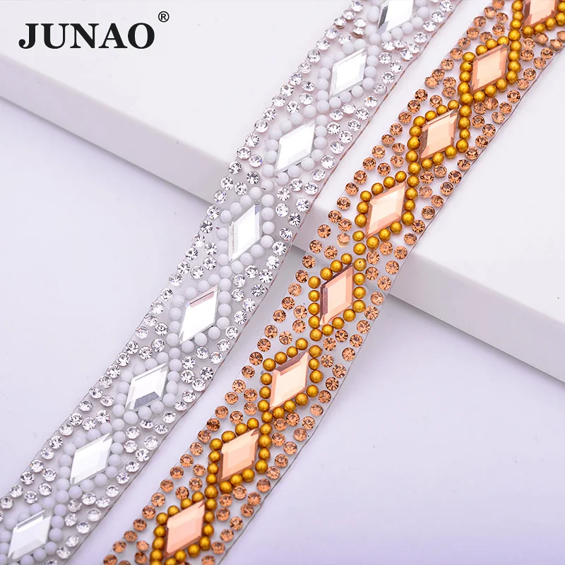 

JUNAO 5 Yard*15mm Clear Brown Color Hotfix Rhinestones Chain Trim Crystal Fabric Glass Beads Applique Strass Ribbon Banding