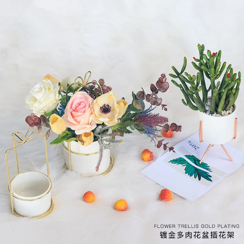 Gold/Rose Gold Iron Floral Decoration Holder for Green Plant Ceramic Flower Pot - Succulent Plant Pot Stand image 3