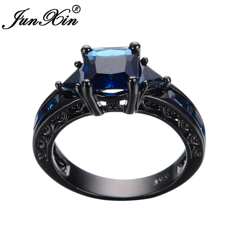 JUNXIN Fashion Square Mens Ring With Blue Zircon Black Gold Filled Geometry Stone Wedding Rings For Men Women Couples Jewelry CZ