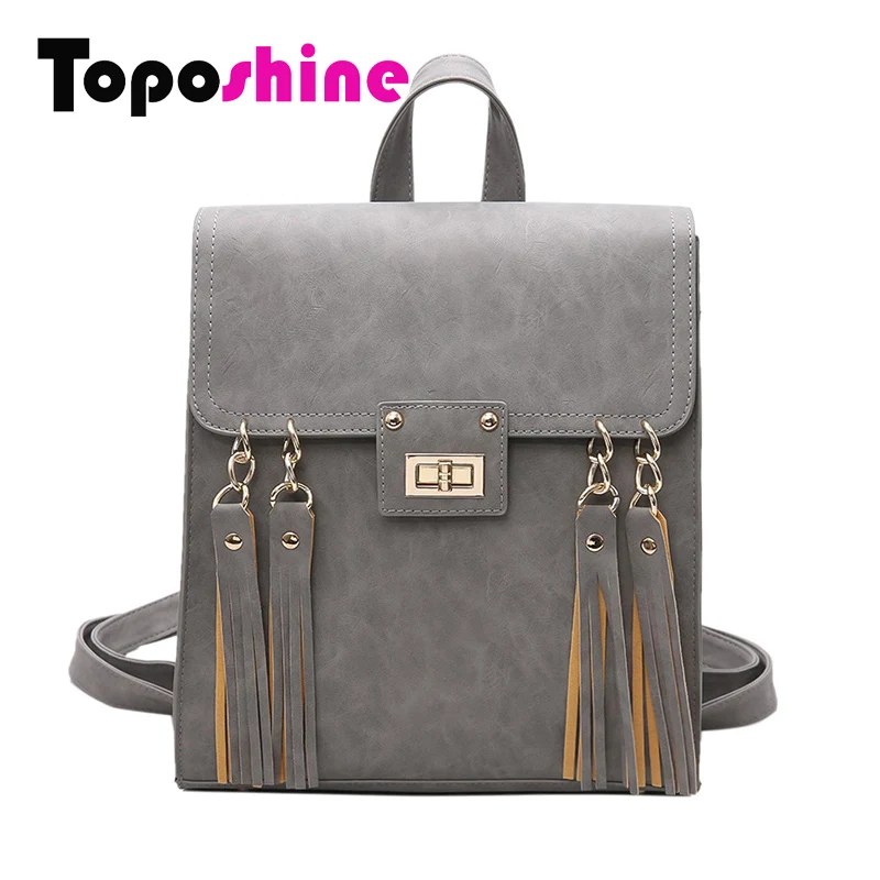 Toposhine 2017 New Tassel Women Backpack Black PU Leather School Backpack Women Backpacks For Teenage Girl