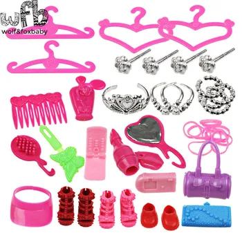 

42pieces/pack Colorful Assorted Fashion Heels Hangers Bag Shoe Earring Bowknot Crown For Dolls Accessories Baby Toys Gift