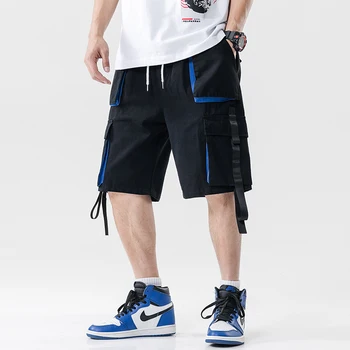 

Summer Multi-pocket Elastic Waist Harem Shorts Men Streetwear Hip Hop Ribbon Casual Short Trousers Joggers Male Cargo Shorts