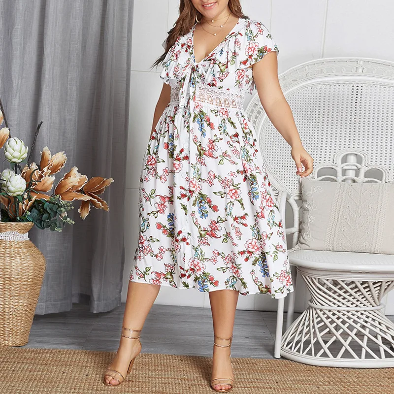 

Hollow Out Floral Print Dress Women V Neck Bow Tie Sundress Vestidos Split Tunic Dresses Summer Beach Boho Midi Dress Plus Size