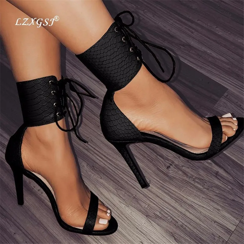 

LZXGSJ Woman Summer Shoes Sandals Ankel Wrap Super High Thin Heels Open-toed Fashion Sexy Dress Lace-up Cross-tied Rome 2018