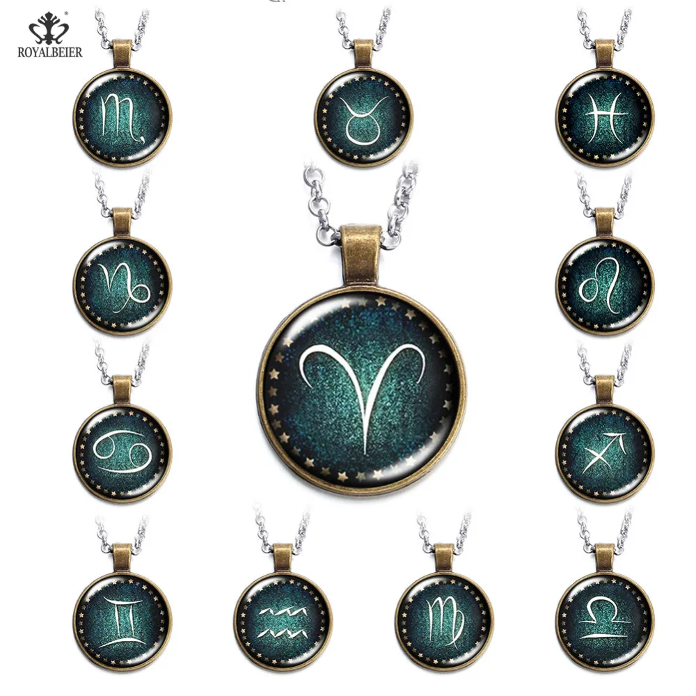 

ROYALBEIER DIY Mix Pattern Copper Retro Twelve Constellations Theme Case Pendant Necklace Pendant for Men Women Gifts DZ2194