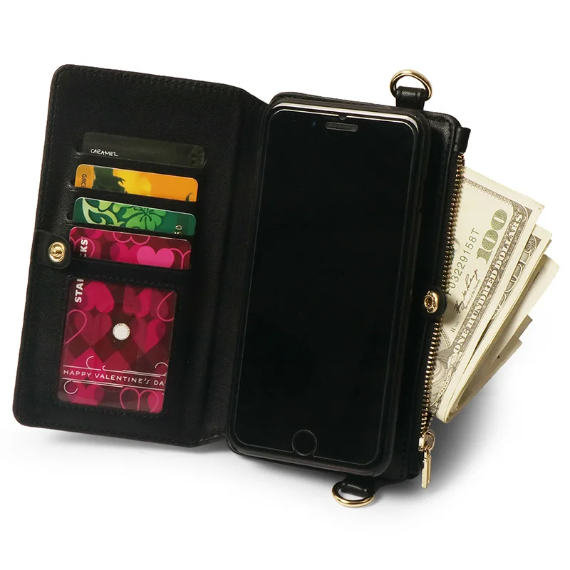 Жемчуг Angeli Стильный чехол-бумажник из искусственной кожи случаях для Iphone 6 6S 7 8 Plus X XS флип отойти чехол браслет-кошелек карты карман - Цвет: black iphone 8plus