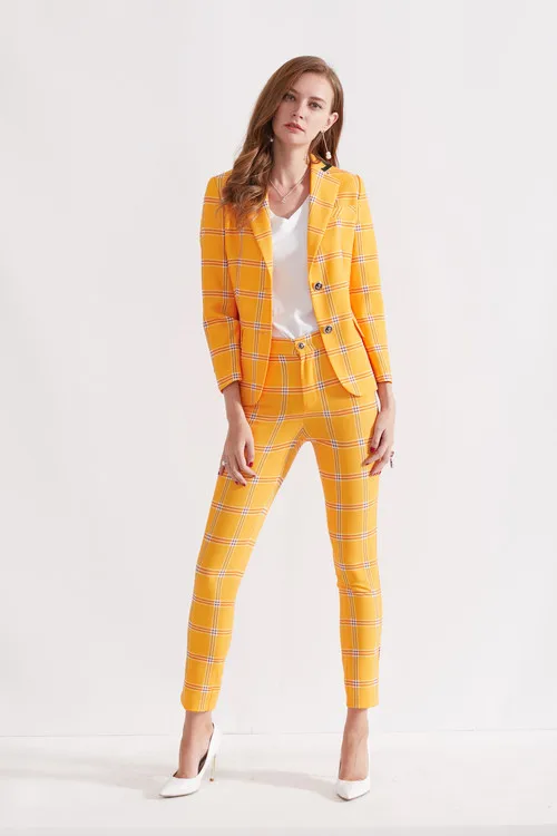 Deux Cheville Costumes Ol 2019 Printemps Lady Office Femmes Jaune Pantalon Unique Plaid Piste Nouveau Longueur Ensemble Pièces Marque Breatsed Blazer qqBXP8w