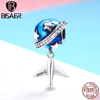 

BISAER Hot Sale 925 Sterling Silver Travel Dream Plane Blue Enamel Star Charms Beads fit Bracelets DIY Silver 925 Jewelry ECC887