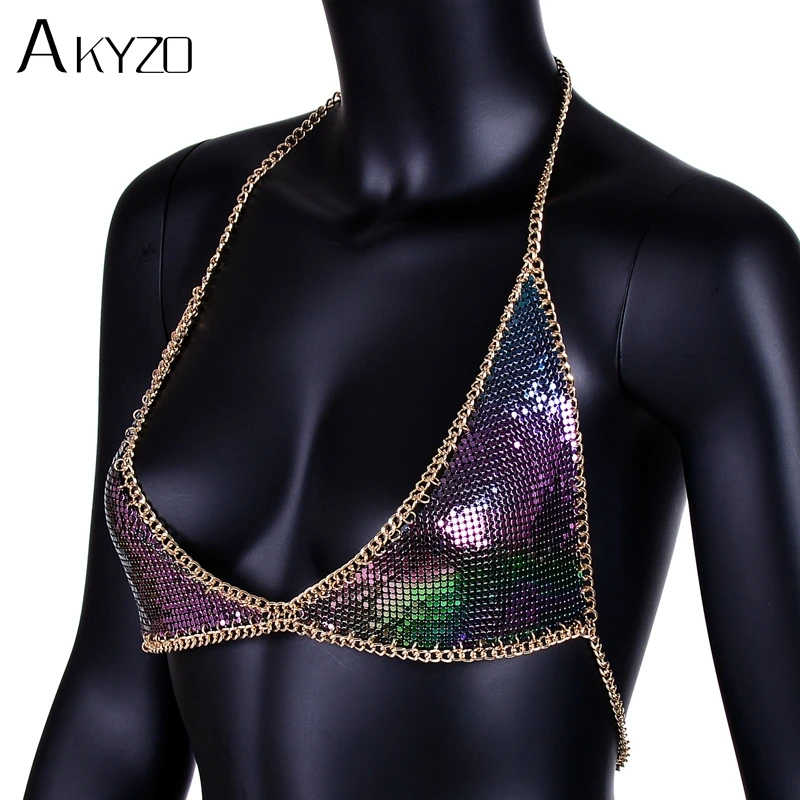 

AKYZO Europe and America Sexy Metal Chain Crop Top 2018 Summer Beach Silver/Gold Cropped Women Party Short Club Tank Tops