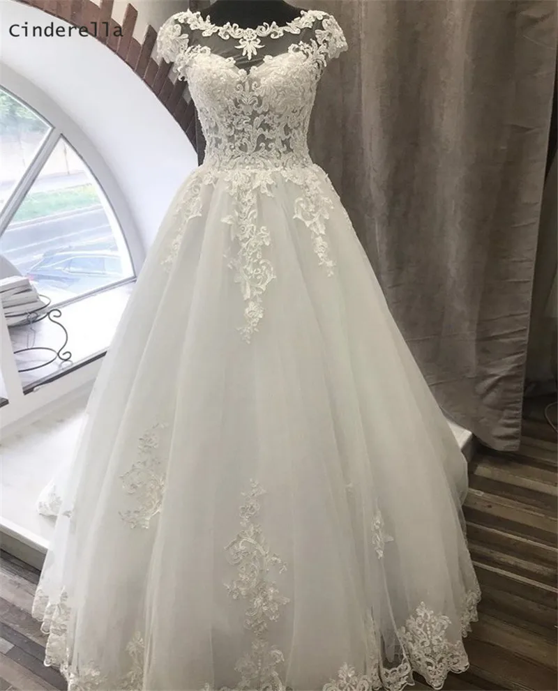 

Cinderella Ivory Scoop Cap Sleeves A-Line Brush Train Lace Applique Wedding Dresses Zipper Back Bridal Dresses vestido de noiva