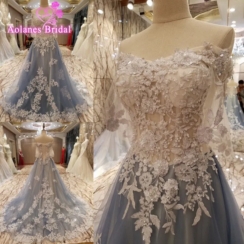 robe de soiree longue Gray Print Floral Appliques Beaded Evening Dresses Long 2017 Off The Shoulder Formal Dresses Evening Gowns