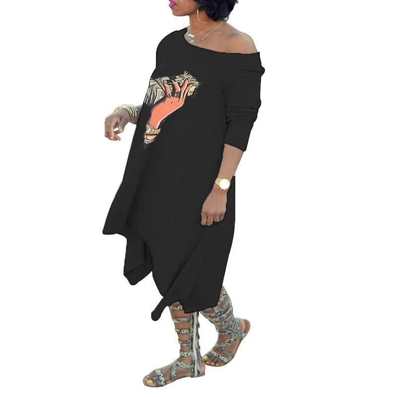 Ladies Funny Print Black Irregular Dress Round Neck Dresses Girls Loose