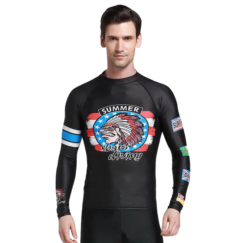 Men Black Long Sleeves Rash Guard Quick Dry Uv Protection Beach Shirts Swimming Surfing Diving