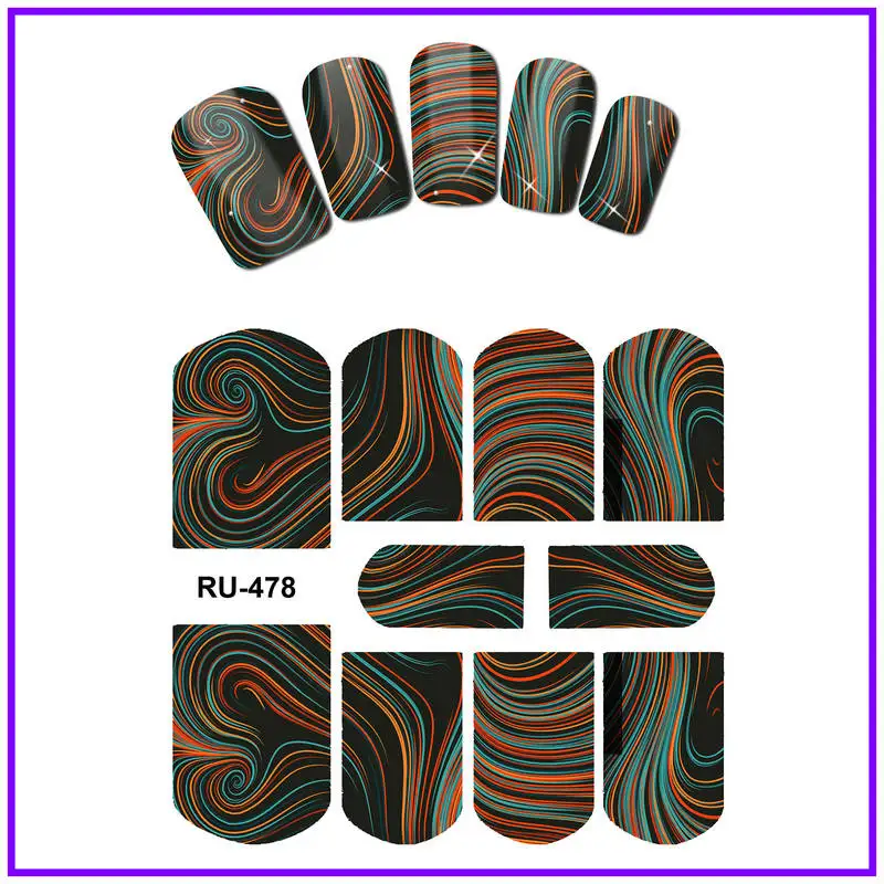 UPRETTEGO дизайн ногтей Красота вода наклейка слайдер цветные наклейки на ногти неоновый светильник вихревой линии блеск цепи RU475-480