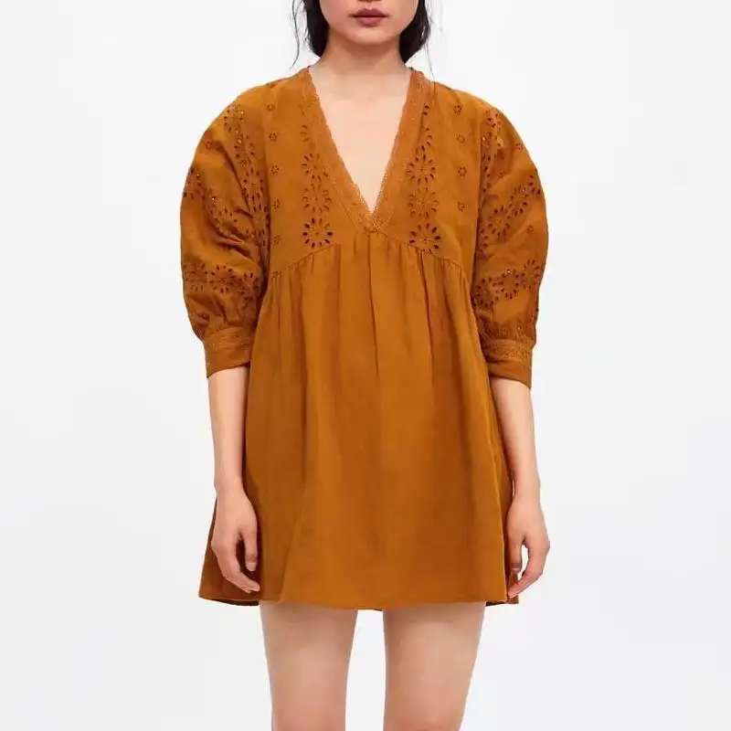 2019 za летнее Для женщин хлопок кружево embroderied v-образным вырезом платье vestidos