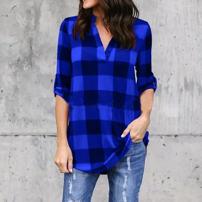 2018 Spring Autumn Plaid Blouse Womens Tops and Blouses Long Sleeve V-neck Shirts Plus Size Loose Casual Blusas 2018 Spring Autumn Plaid Blouse Womens Tops and Blouses Long Sleeve V-neck Shirts Plus Size Loose Casual Blusas