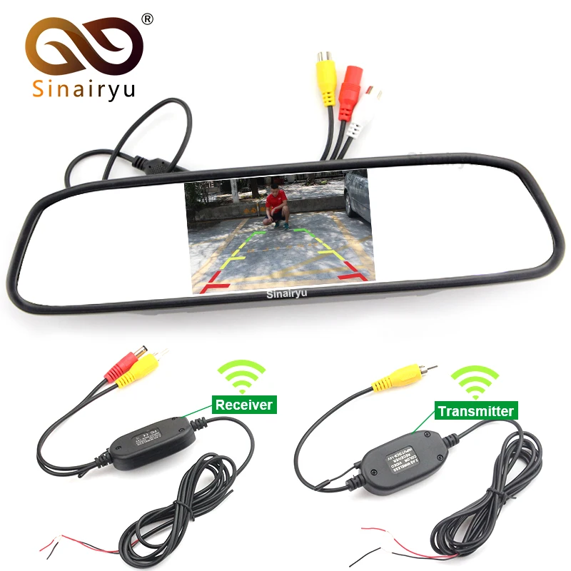 

Sinairyu 4.3 Inch TFT Screen Car Mirror Parking Monitor With 2.4Ghz Wireless Camera Kit Video Transmitter and Received Kit