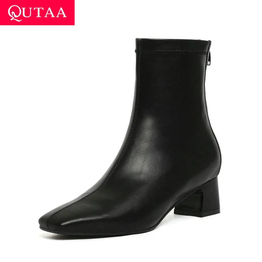 

QUTAA 2020 Flock PU Leather Fashion Square Toe Zipper Concise Ankle Boots Casual Middle Heel Autumn Winter Women Shoes Size34-39