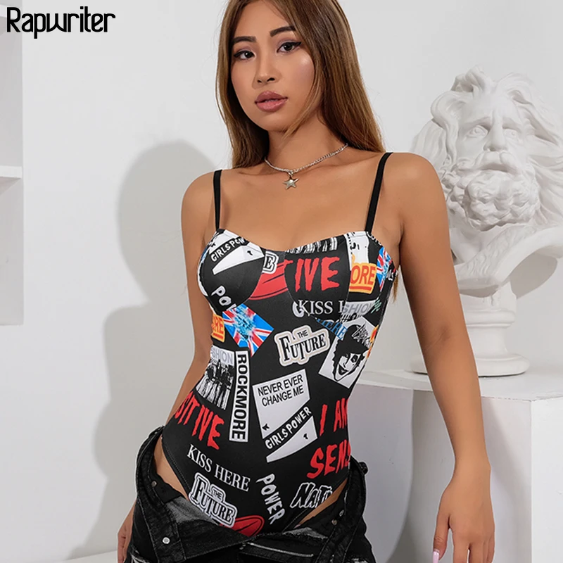 

Rapwriter Skinny Spaghetti Strap Vintage Print Sexy Bodysuit Women 2019 Summer Backless Bodycon Tank Open Crotch Bodysuits Black